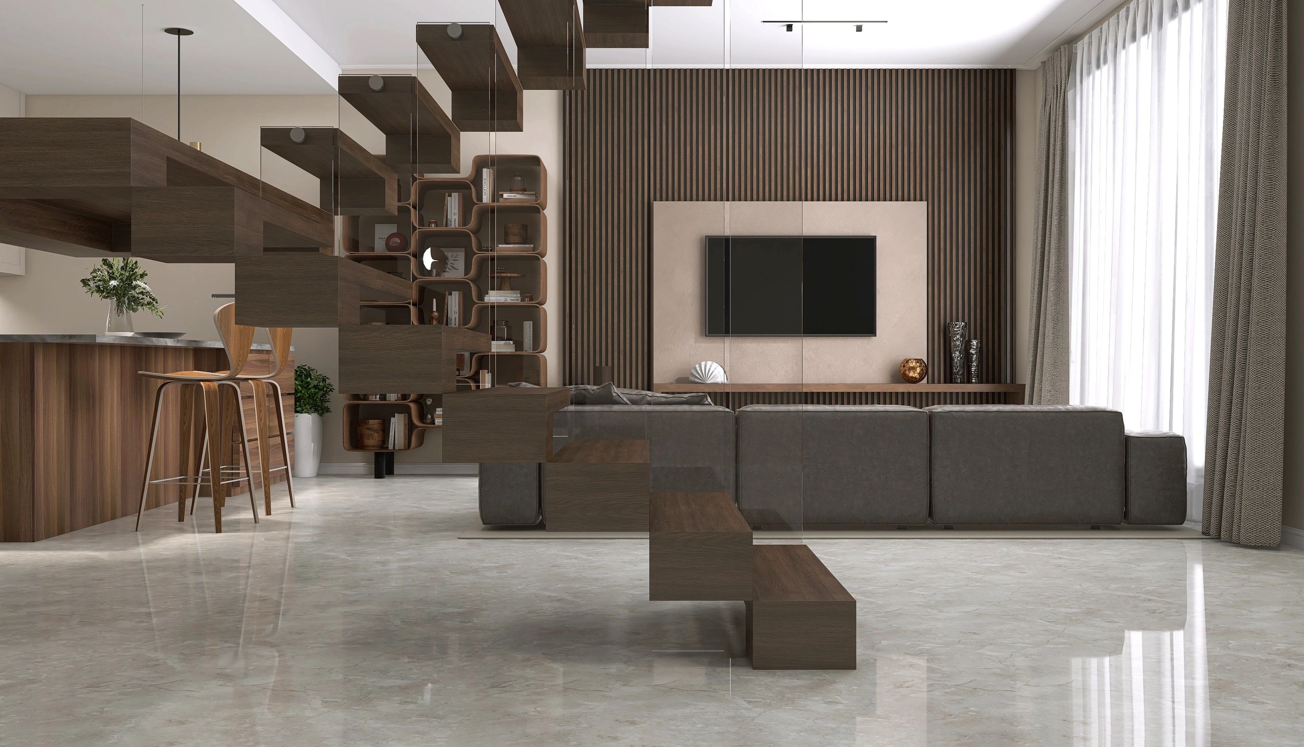 Open living area with modern staircase